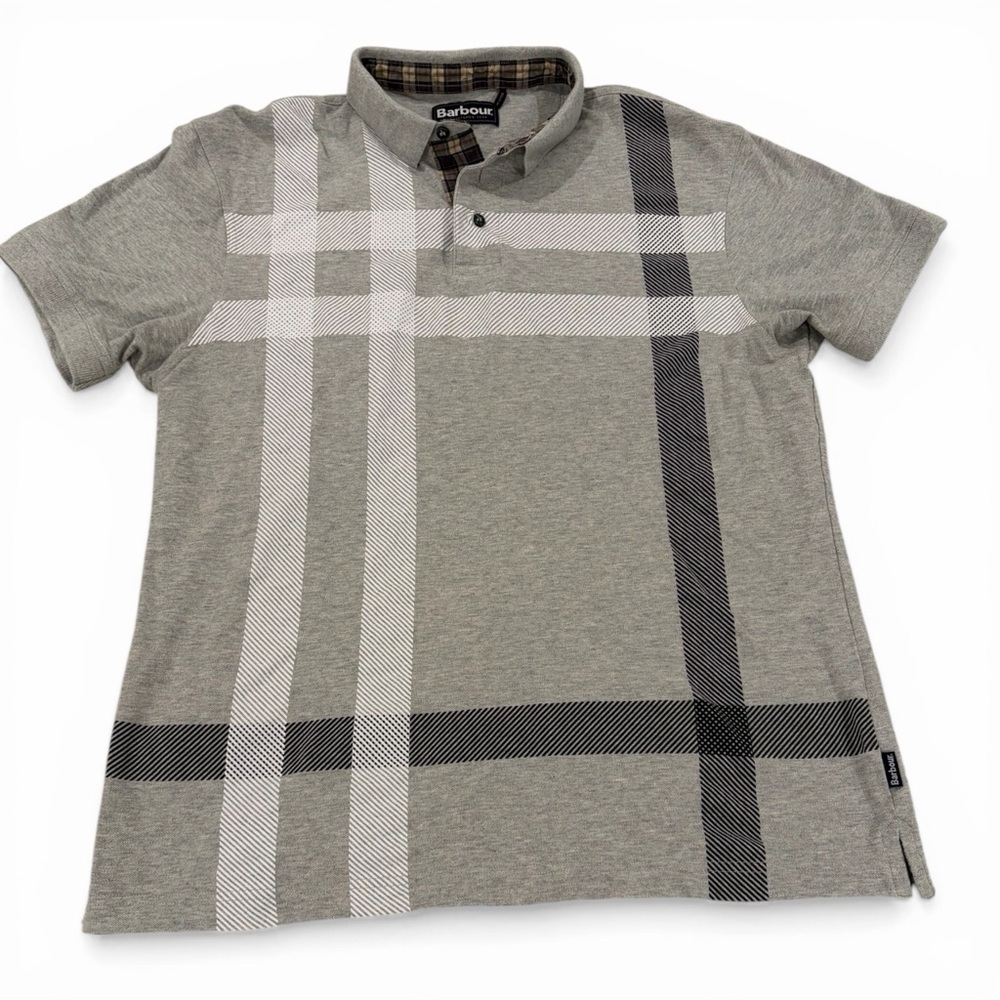 Barbour Blaine Tartan Polo Shirt Mens XL Gray Marl Cotton Short Sleeve Classic